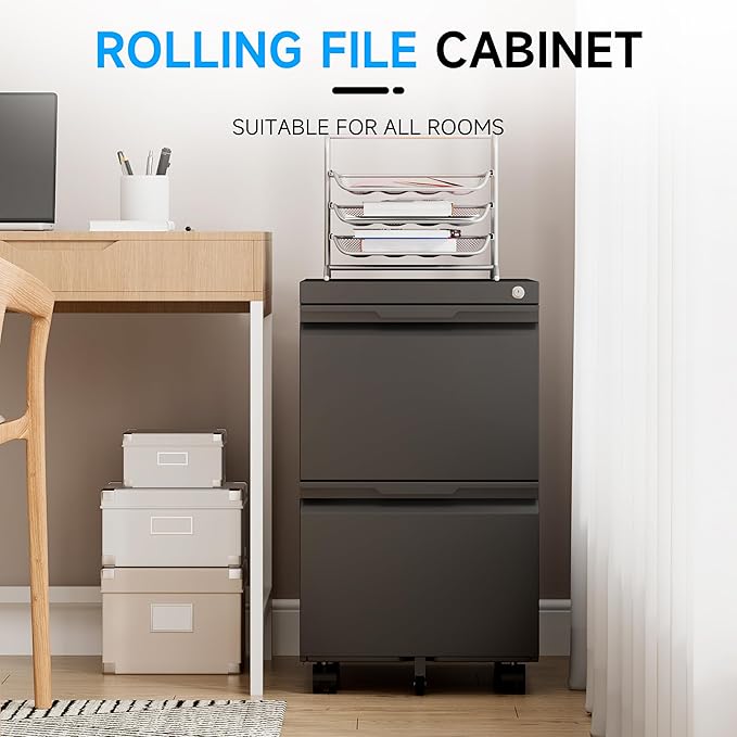 Bestoo 2 Drawer Metal Mobile File Cabinet, File Cabinet on Wheels with Lock for Letter/Legal/A4 File Under Desk, Metal Rolling File Cabinets for Home Office(Black)