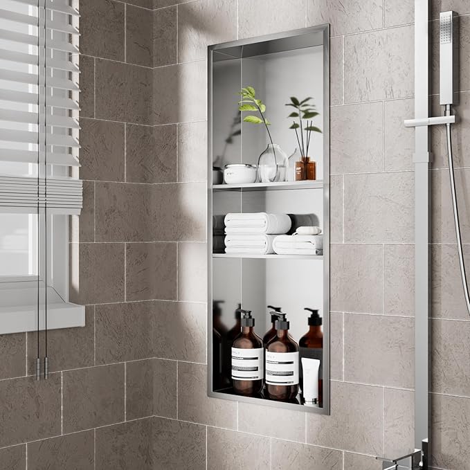 POPFLY No Drill Brushed Nickel Shower Niche 12"x30", Stainless Steel Recessed 3-Layer Shelf - No Tile Needed Waterproof Bathroom Wall Niche Insert Storage Organizer