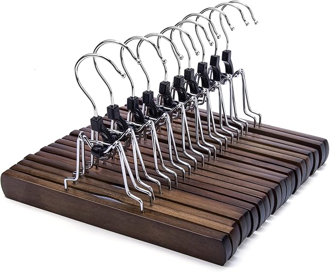 Nature Smile Wooden Pants Skirt Hangers, Smooth Finish Solid Wood Non Slip Jeans Slack Clamp Hangers Hair Extension Hangers (10 Pack Retro)…