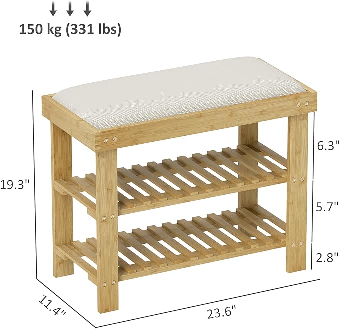 HOMCOM Bamboo Shoe Bench, 3-Tier Entryway Bench with Storage and Cushion, Shoe Organizer for Entryway, Hallway, Holds Up to 331 lbs, 23.6 x 11.4 x 19.3 Inches, Cream White