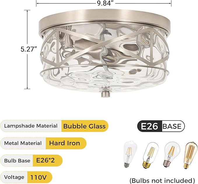 LamQee 9.8" Small Flush Mount Ceiling Light With Clear Hammered Glass, Brushed Nickel Hallway Light Fixtures Ceiling Mount for Bathroom, 2-Lights Farmhouse Close To Ceiling Light Kitchen Foyer Bedroom