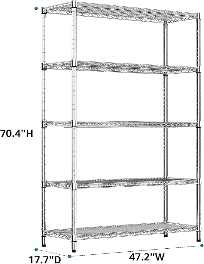 IZEUK 3300 LBS Garage Shelving Wide Storage Shelves 5 Tier Metal Shelves Heavy Duty Adjustable Utility Shelf Rack Chrome 17.7" D x 59.1" W x 70.4" H