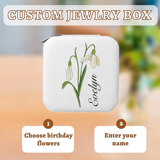 Customized Jewelry Box, Personalized Travel Jewelry Organizer with Birth Flower and Name, Custom Gifts for Birthday, Wedding, Anniversary, Personalized Gifts for Women, Girls, Mother, Wife, Bridesmaid