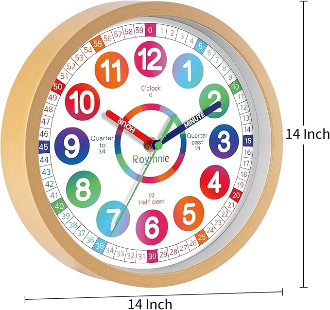 Learning Clock for Kids Telling Time Easily Teaching Clock Silent Non Ticking Battery Operated Colorful Teaching Time Large Clock Decorative for Kids Room Classroom School Playroom (14 Inch)