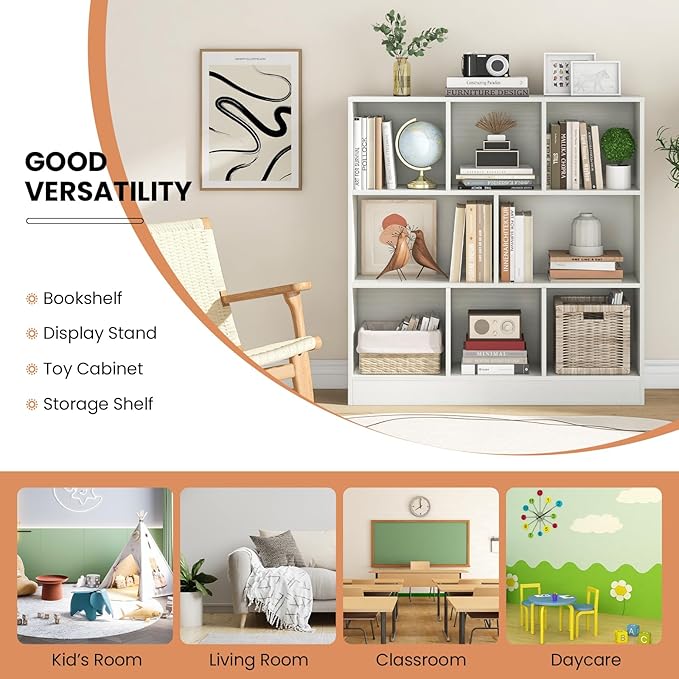 Costzon Wooden Toy Storage Organizer, 8-Cube Kids Bookshelf w/ 2 Anti-Toppling Kits, 3 Tier Open Shelves & Non-Slip Foot Pads, Book Shelf for Kids Rooms, Playroom, Classroom, Nursery (White)