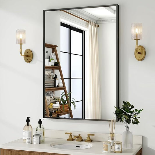HARRITPURE 24"x36" Framed Bathroom Mirror for Wall Rectangle Mirror Aluminum Alloy Frame Wall-Mounted for Farmhouse Entryway Bedroom Living Room Black