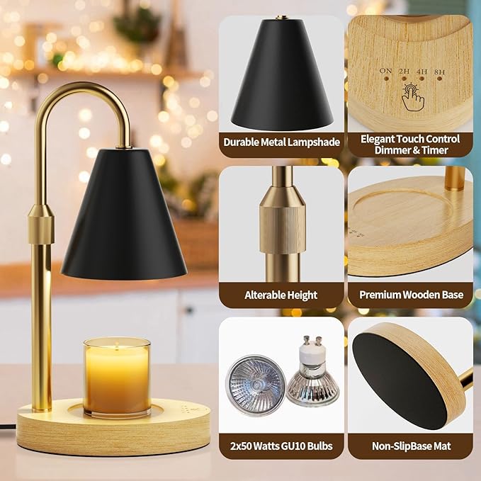 Candle Warmer Lamp with Timer -Touch Dimmable & Adjustable Candle Lamps Warmer for Jar Candles, House Warming Gifts New Home Women Men Room Decor Wax Melts Lamp with 2 Bulbs, Black