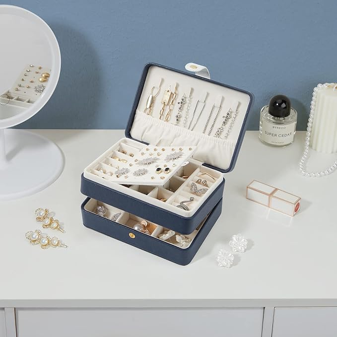 PU Leather Travel Jewelry Organizer Case for Women & Girls, 2-Layer Portable Jewelry Box for Earrings, Rings, Necklaces, Bracelets, Compact Jewelry Storage (Blue, Small)