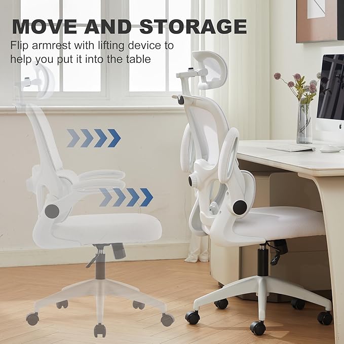 Ergonomic Mesh Office Chair, 400 lbs Capacity, High Back Desk Chair with Adjustable Lumbar Support, 3D Headrest, Flip-Up Armrests, and PU Wheels for Long Workdays and Home Office (White)