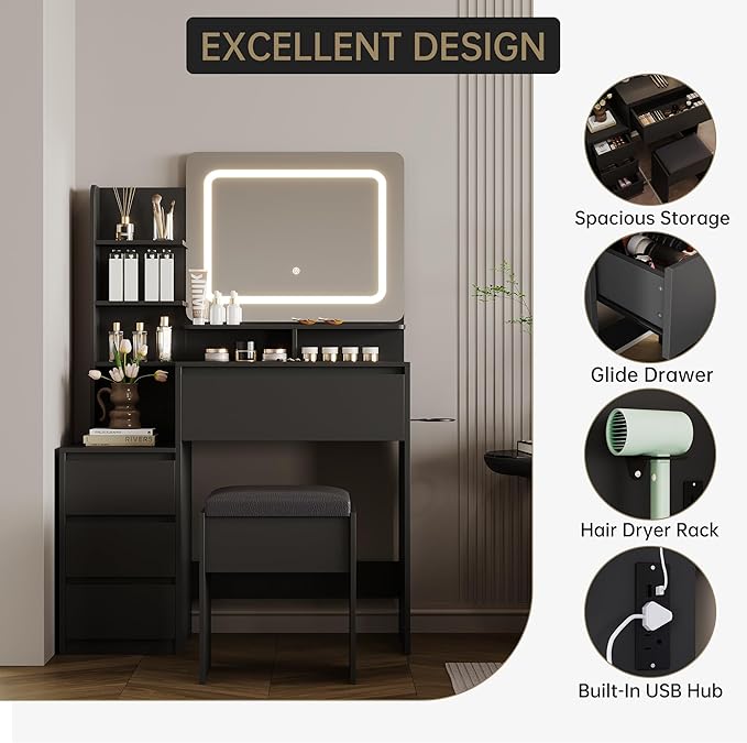 GAOMON Makeup Vanity Desk with Mirror and Lights - 36" Vanity Table Set with 4 Drawers, Power Outlet, USB Ports, Stool, Dressing Table with 3 Lighting Color Adjustable for Bedroom, Women, Black