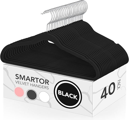 Smartor Velvet Hangers 40 Pack, Non Slip Clothes Felt Hanger Heavy Duty for Coat, Premium Slim Space Saving Suit Hangers for Closet Organizer, 360° Rotating Silver Hook Black