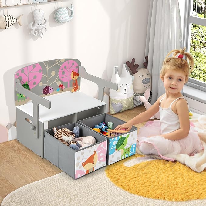 HONEY JOY Kids Table and Chair Set, 3-in-1 Convertible Wooden Toy Storage Bench with Handle, 2 Bins for Kids Reading Nook, Toddler Table and Chair Set for Daycare Playroom Classroom (Gray)