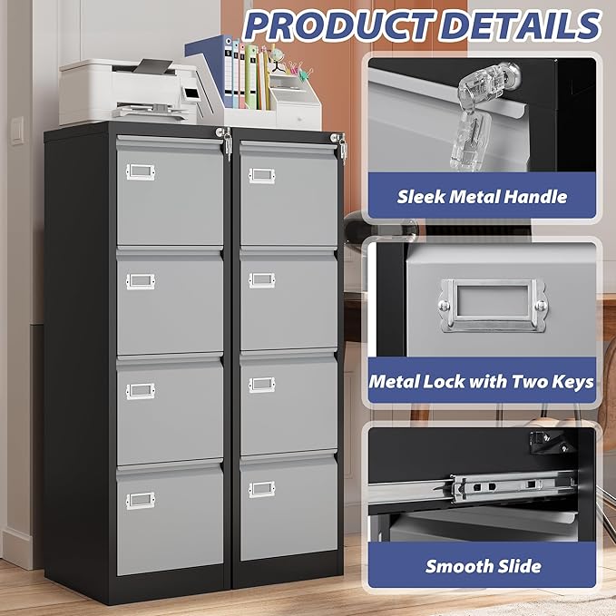 Vertical Small Filing Cabinet Steel Lockable Storage Cabinets for Home Office Hanging Letter/Legal/F4/A4 (4 Drawer, Black Gray)