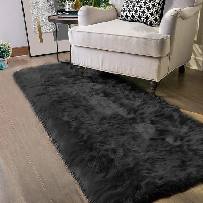 Latepis 2x10 Runner Black Faux Sheepskin Fur Rug Washable Shag Rugs Fluffy Carpet for Bedroom for Home Decor Rectangle