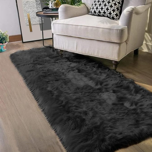 Latepis 2x10 Runner Black Faux Sheepskin Fur Rug Washable Shag Rugs Fluffy Carpet for Bedroom for Home Decor Rectangle