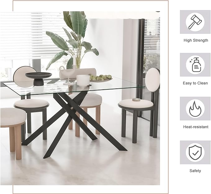 Rectangular Glass Dining Table, Tempered Glass Tabletop and Metal Legs, Modern Style Glass Kitchen Table for Home, Kitchen, Dining Room (Clear, 52'')