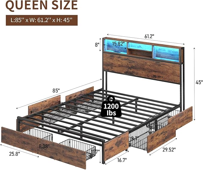 Queen Bed Frame with LED Headboard & Charging Ports, Rustic Wood Platform Bed Frame Queen Size with 6 Storage Drawers and Display Shelf, Heavy-Duty Metal Frame, No Box Spring Needed, Brown