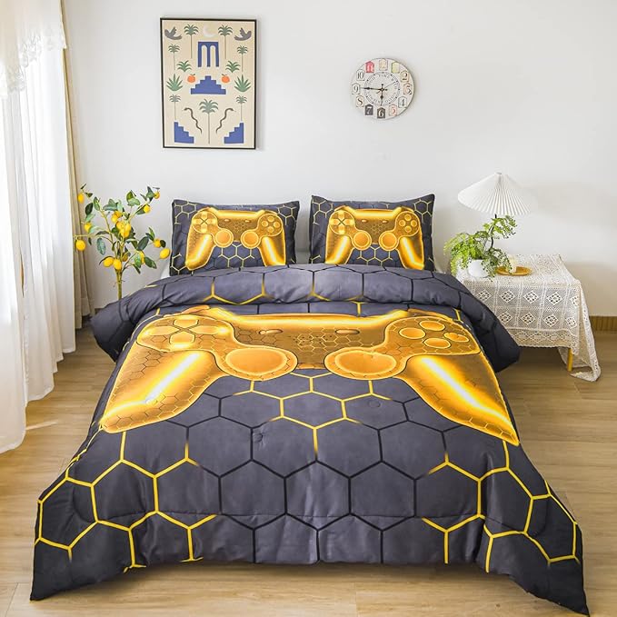 NTBED Game Console Comforter Set for Boys Girls Kids Geometric Lightweight Microfiber Bedding Sets (Gold, Full)