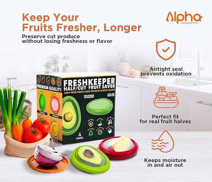 Avocado Saver & Onion Storage –Set of 4 BPA Free Silicone Food Storage Containers – Reusable Fruit and Veggie Savers, Fresh Pods for Food – Perfect for Tomato Holder, Garlic, Lemon & More