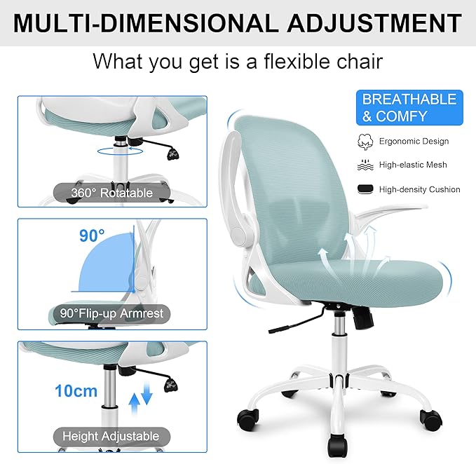 Primy Office Chair Ergonomic Desk Chair with Adjustable Lumbar Support and Height, Swivel Breathable Desk Mesh Computer Chair with Flip up Armrests for Conference Room（Light Blue）