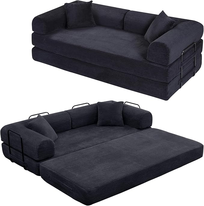 Rovibek 4-in-1 Convertible Sleeper Sofa Bed Queen Size, Foldable Floor Couch Corduroy, Folding Futon Sofa Beds with Pillow and Fixed-Shape Frame, Suitable for Living Room, Bedroom, Lounge, Black