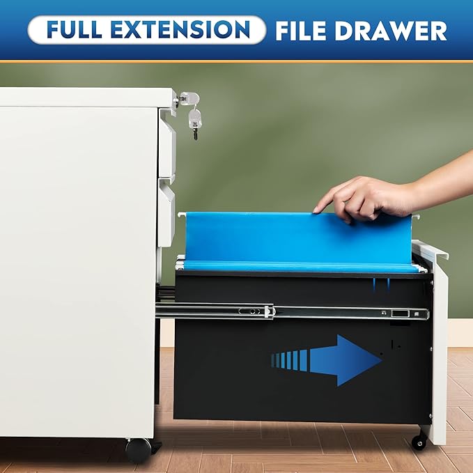 DEVAISE 3 Drawer Mobile File Cabinet with Lock, Under Desk Metal Filing Cabinet for Home Office/Legal/Letter/A4 File, Fully Assembled Except Wheels, White