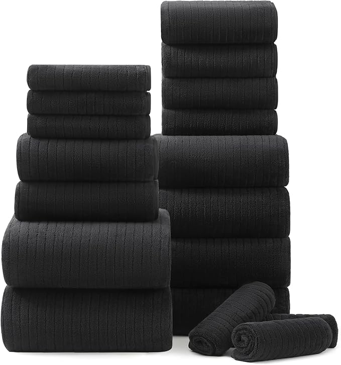 18 Piece Bath Towels Set,Super Soft Family Bathroom Towel Set with Hanging Loops-6 Bath Towels,6 Hand Towels,6 Washcloths,Highly Absorbent Quick Dry Shower Towel for Bathroom,Hotel,Spa-Black Towel Set