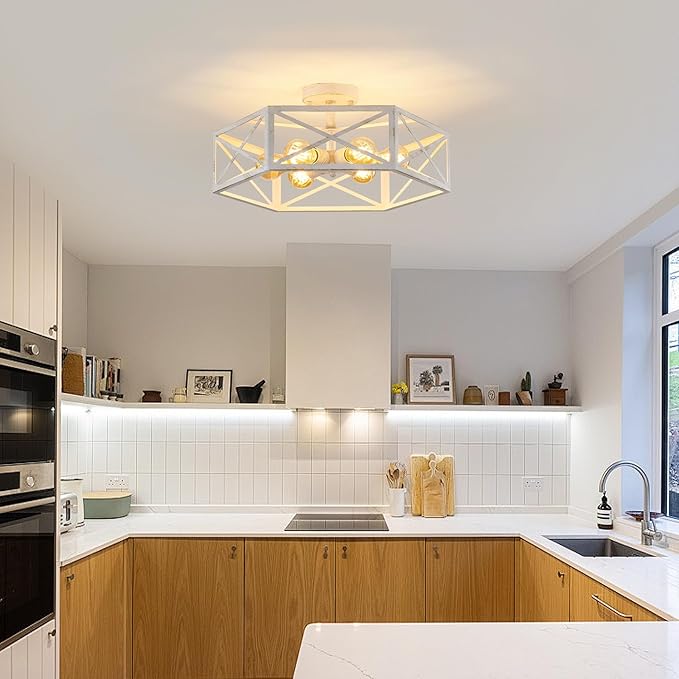 White Flush Mount Ceiling Light, 6 Light Flush Mount Light Fixture, Modern Close to Ceiling Light with Metal Hexagon Cage, Farmhouse Light Fixture for Hallway, Kitchen, Bedroom