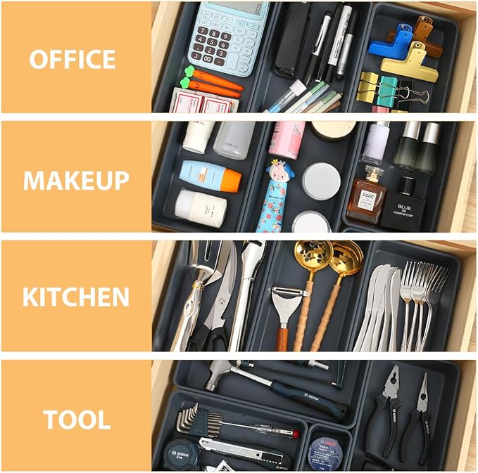 6 PCS Large Drawer Organizer, 3 Sizes Plastic Versatile Desk Drawer Organizer Trays, Kitchen Drawer Organization and Plastic Storage Bins for Makeup, Vanity, Kitchen, Utensils, Office, Bathroom