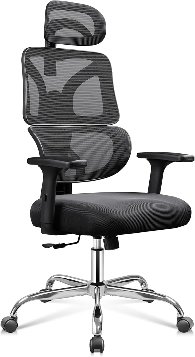 DEVAISE Office Chair Big and Tall Reclining Ergonomic Desk Chair for Long Hours, Comfy Breathable Mesh, Adjustable Armrests with Lumbar Support, Black