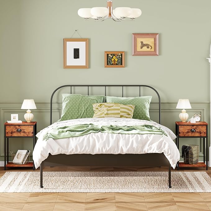 Furologee Nightstands Set of 2, Industrial End Table with Fabric Drawer and Storage Shelf, Retro Bedside Tables Organizer, Side Table for Living Room Bedroom, Rustic Brown