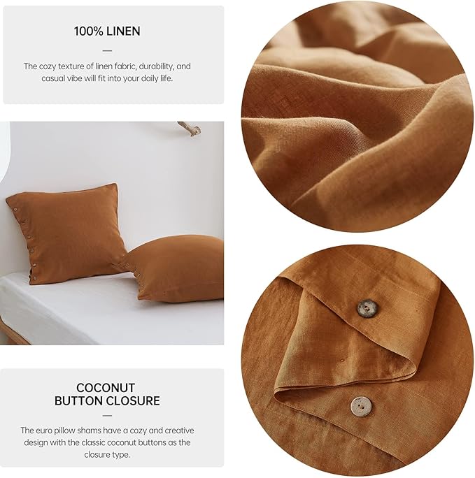 Simple&Opulence 100% Washed Linen Euro Sham Cover, 26 x 26 Inch, Decorative Bed Fall Pillow Cover with Coconut Button, Solid Color Pillow Shams Set of 2 (Rust)