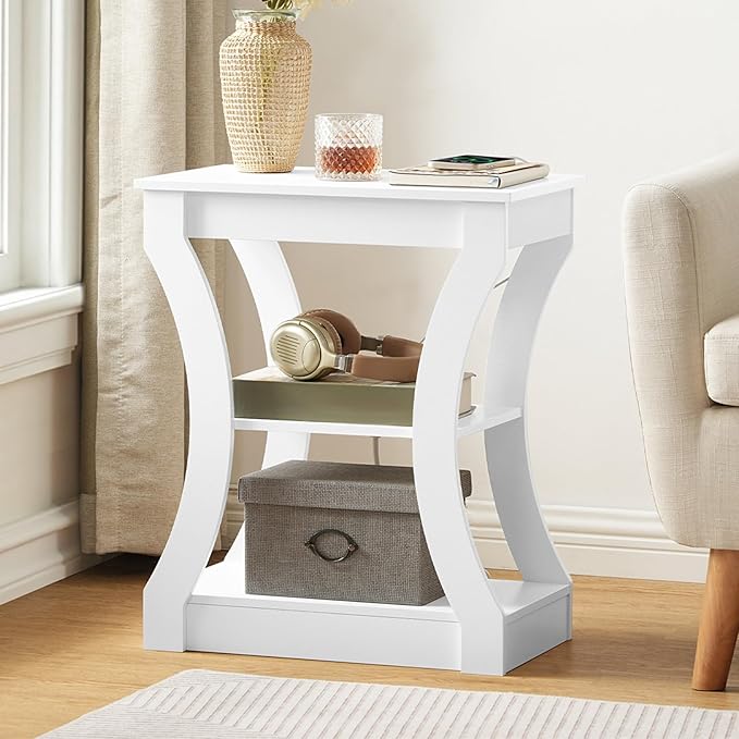 End Table with Charging Station, Side Table with USB Ports and Outlets, 3 Tier Nightstand with Storage Shelf for Small Spaces, Living Room, Bedroom, White ETWT53E01