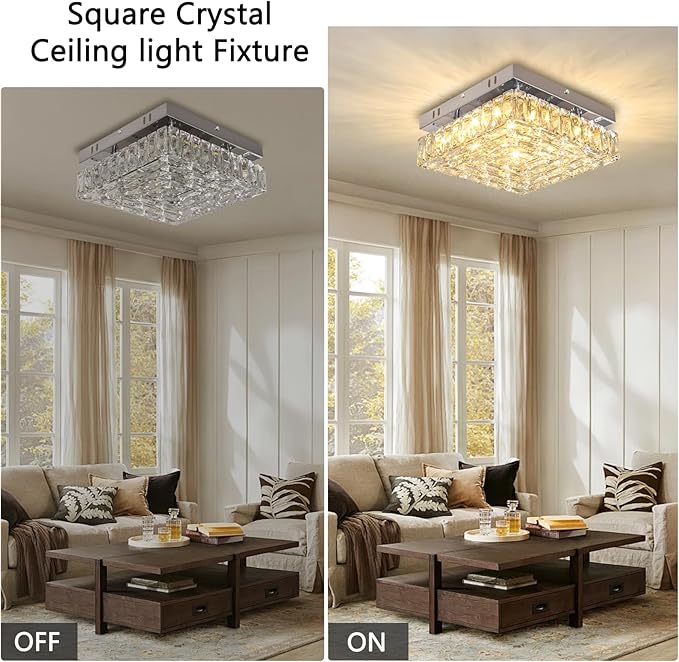Square Crystal Ceiling Light 10.6" Modern LED Bedroom Chandelier Small Flush Mount Ceiling Lights Fixture for Kitchen Dining Room (Warm Light)