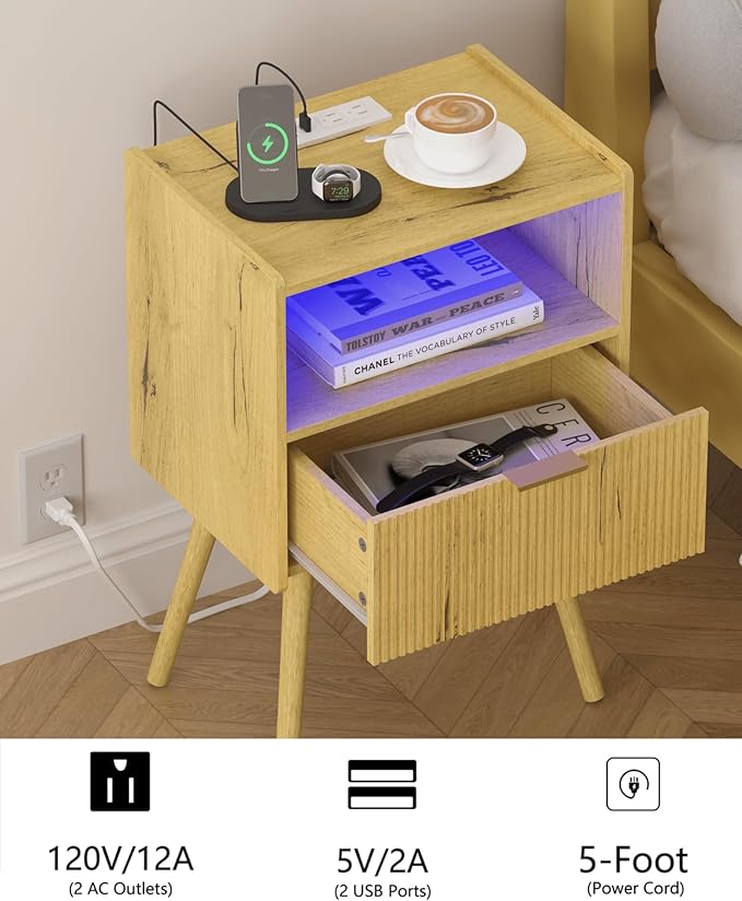 Nightstand, Modern Side Table with Charging Station and LED Lights