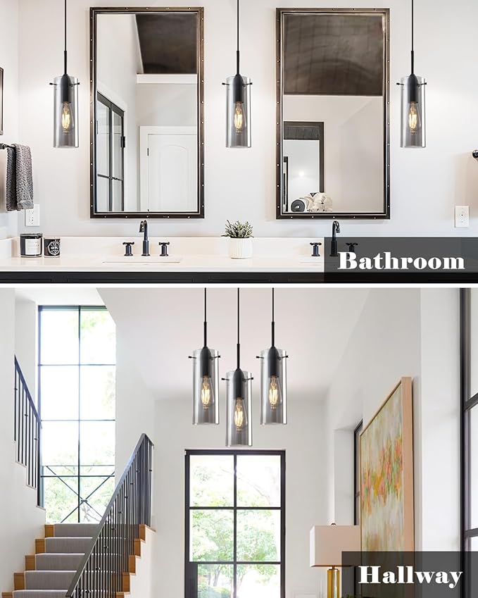 Smoke Gray Glass Pendant Light Kitchen Island, Kitchen Island Lights Ceiling Hanging, Kitchen Pendant Lights 2 Pack, Modern Clear Hanging Pendant Light for Kitchen, Living Room, Bathroom