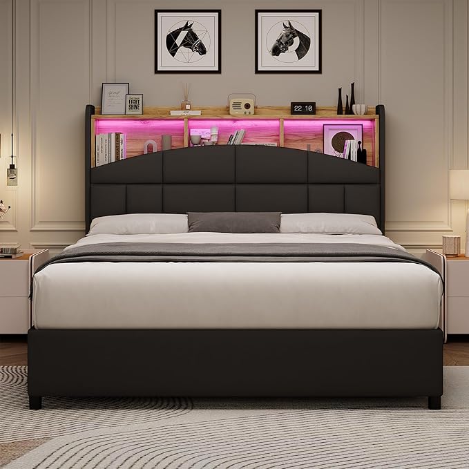 Full Size Bed Frame with Headboard, Velvet Upholstered Bed Frame with LED Lights, Full Size Platform Bed with Wooden Slats Support, No Box Spring Needed, No Noise, Black