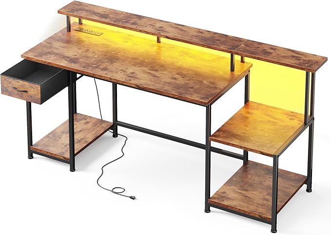 55 Inch Computer Desk with Drawer, Office Desk with Printer Storage Shelves & File Cabinet,Gaming Desk with LED & Power Outlet,Study Table with Monitor Shelf for Home Office Dorm Bedroom Rustic Brown