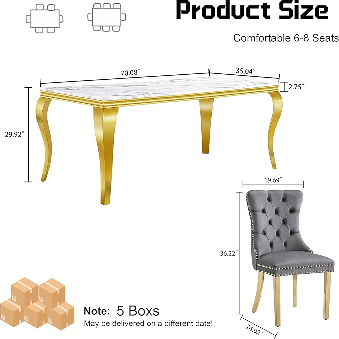 7-Piece Dining Table Set for 6, Faux Marble Dining Table Set with 70'' Marble Dinner Table and 6 Velvet Wing Back Chairs for Kitchen, Dining Room, Gray & Gold