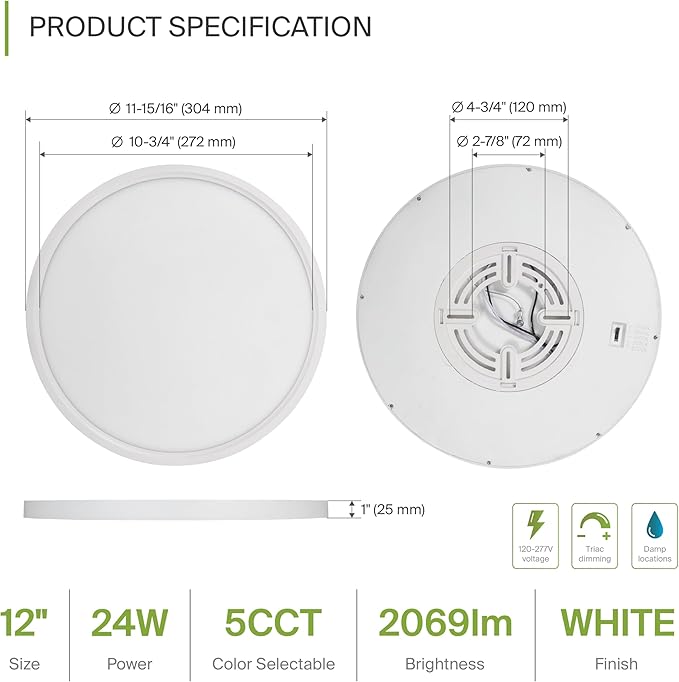 ASD LED 12" Round Flush Mount Ceiling Light Fixture, Low Profile Surface Lighting | 5CCT, Dimmable, Ultra-Thin, ETL Listed | 24W 2000LM 2700-6000K 100-277V | Kitchen, Bedroom, Hallway Lamp | White