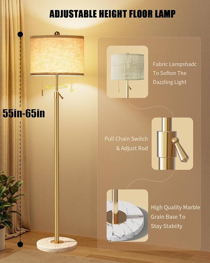 Modern Floor Lamp for Living Room - Adjustable Height Standing Lamp with Marble Base & Linen Shade, 3-Way Dimmable Tall Floor Light for Bedroom, Reading, Bulb Included