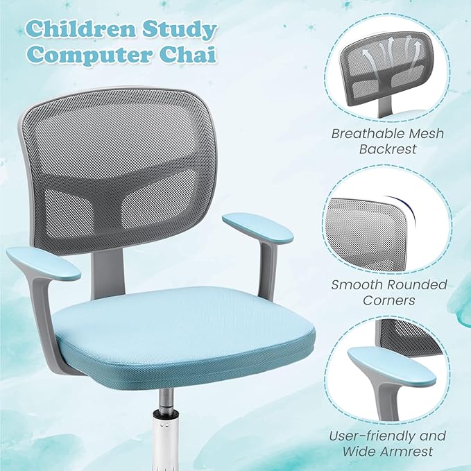 Giantex Kids Desk Chair, Height Adjustable Children Swivel Computer Chair with Y-Shaped Lumbar Support & Universal Casters, Mesh Kids Task Chair for Study, Boys Girls Aged 4-13, Blue