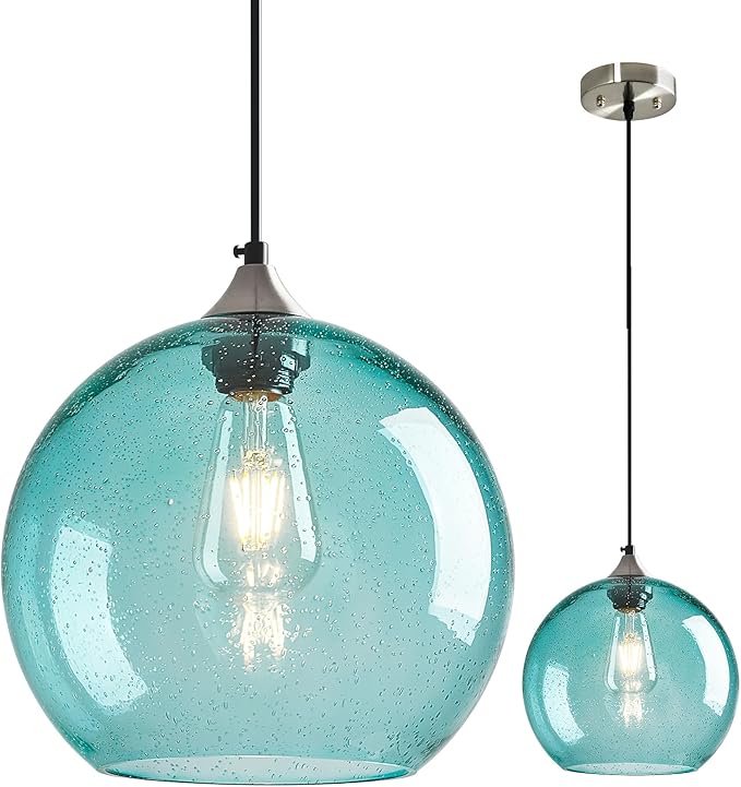 Light Blue Glass Pendant Lights Kitchen Island Globe Pendant Light Fixtures Modern Pendant Lighting for Bedroom Living Dining Room Light Fixture (9.84 in, 1 Pack)