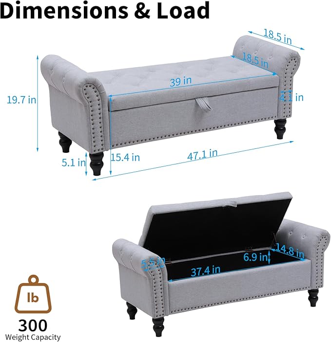 Storage Ottoman Bench with Arms, Linen End of Bed Bench for Bedroom, Button Tufted Storage Bench for Entryway, Living Room,Hallway, Large Storage Bench Foot Rest (New Grey)