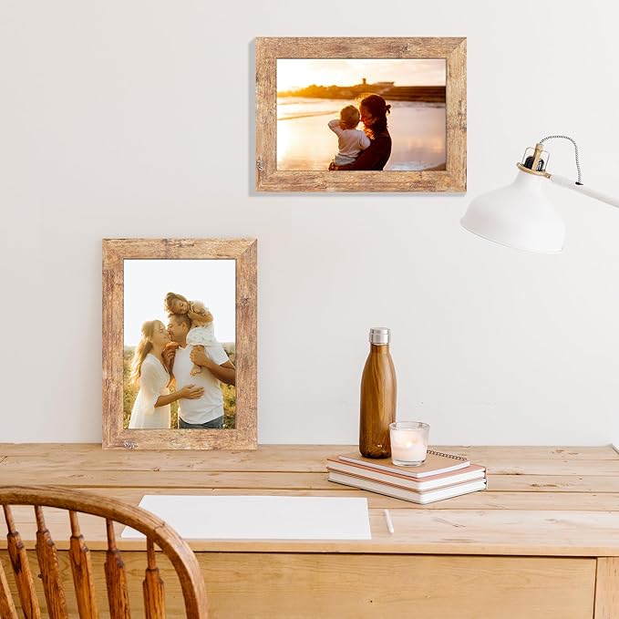 6x9 Picture Frame Set of 4, High Definition Real Glass Rustic Brown Frame, 6 x 9 Photo Frames for Tabletop Display and Wall Mounting