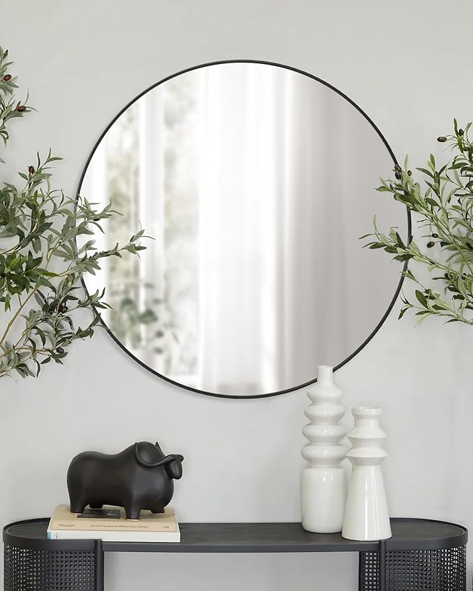 Black Round Mirror,Bathroom 30 Inch Vanity Wall Mirror,Modern Circle Mirror for Wall,Wood Mirror for Bedroom Living Room Entryway