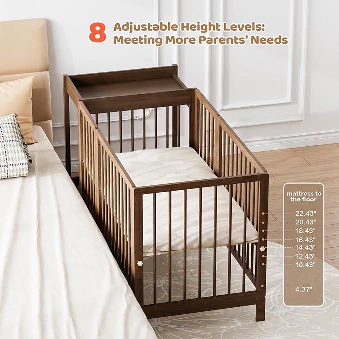 JOYMOR 8 in 1 Convertible Crib with Changer, Include 2” Mattress, Converts to Bassinet, Mid Crib, Full Size Crib, Daybed,Toddler Bed and Playard (Crib with Changer, Honey Wood)