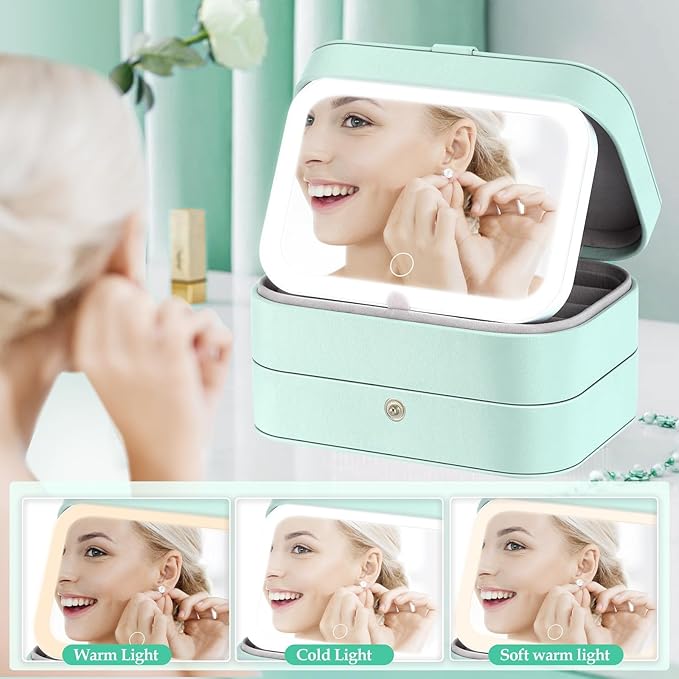 Travel Jewelry Case with LED Lighted Mirror, Personalized Birthday Gifts for Women Girls Kids, 2-Layer Portable Travel Jewelry Organizer, Travel Essentials (Cyan Blue)