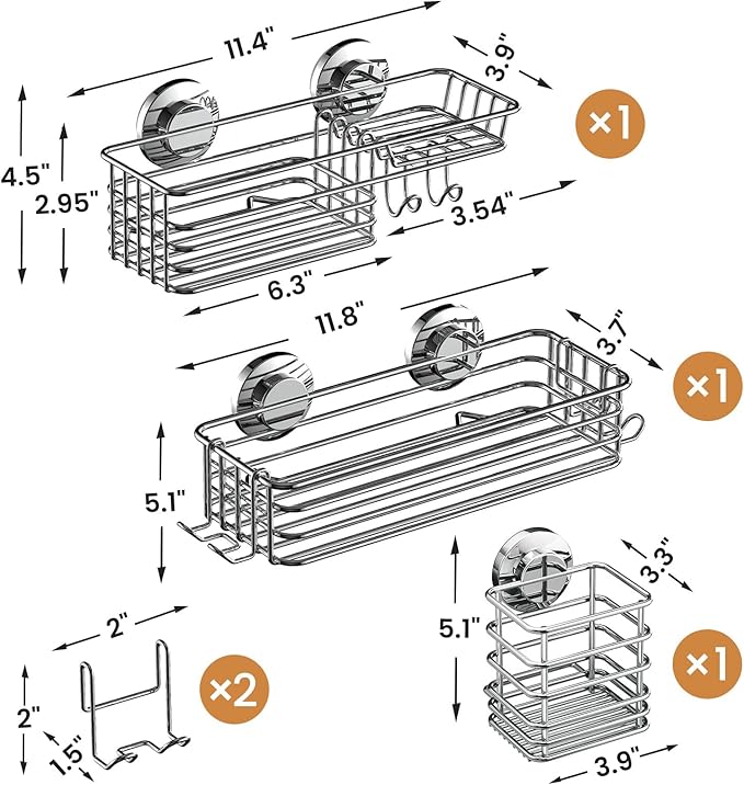 LEVERLOC Shower Caddy Suction Cup, 3 Pack Heavy Duty Bathroom Organizer For Inside Shower With Hooks & Soap Holder, Removable Bathroom Organizer, Rustproof Silver Holder Storage Storage,Silver