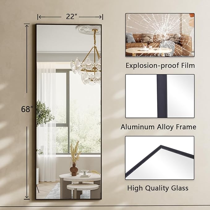 Koonmi 68"x22" Floor Mirror Full Length, Bedroom Floor Body Mirror with Stand, Black Mirror, Leaning, Standing or Hanging Horizontally/Vertically